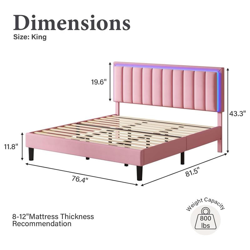 HOMBCK Led Bed Frame, No Mattress, Soft Modern Bed Frame with Luxury Leather Headboard, APP Adiust the Light, No Box Spring Needed