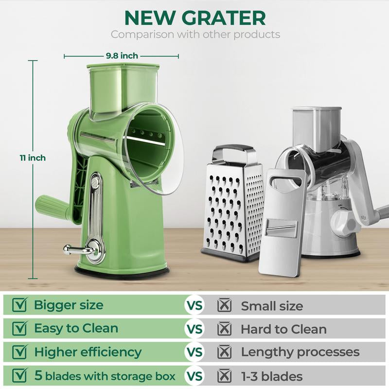 SUSTEAS Rotary Cheese Grater with Handle, 5 Designed Blades and Strong Suction Cup Base, Mandoline Slicing Kitchen Utensil Retro Green Food Cooking Vegetable Slicer Dicer