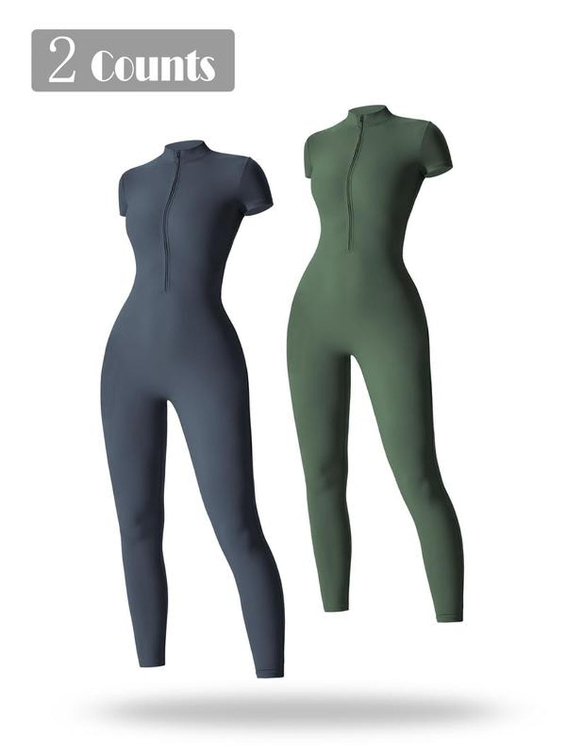 Women'S Solid Short Sleeve Half Zip Sports Jumpsuit, Sporty Stand Collar Skinny Jumpsuit for Yoga Gym Workout, Ladies Sportswear for All Seasons, Workout Gym Clothing, Sporty Comfy Jumpsuit