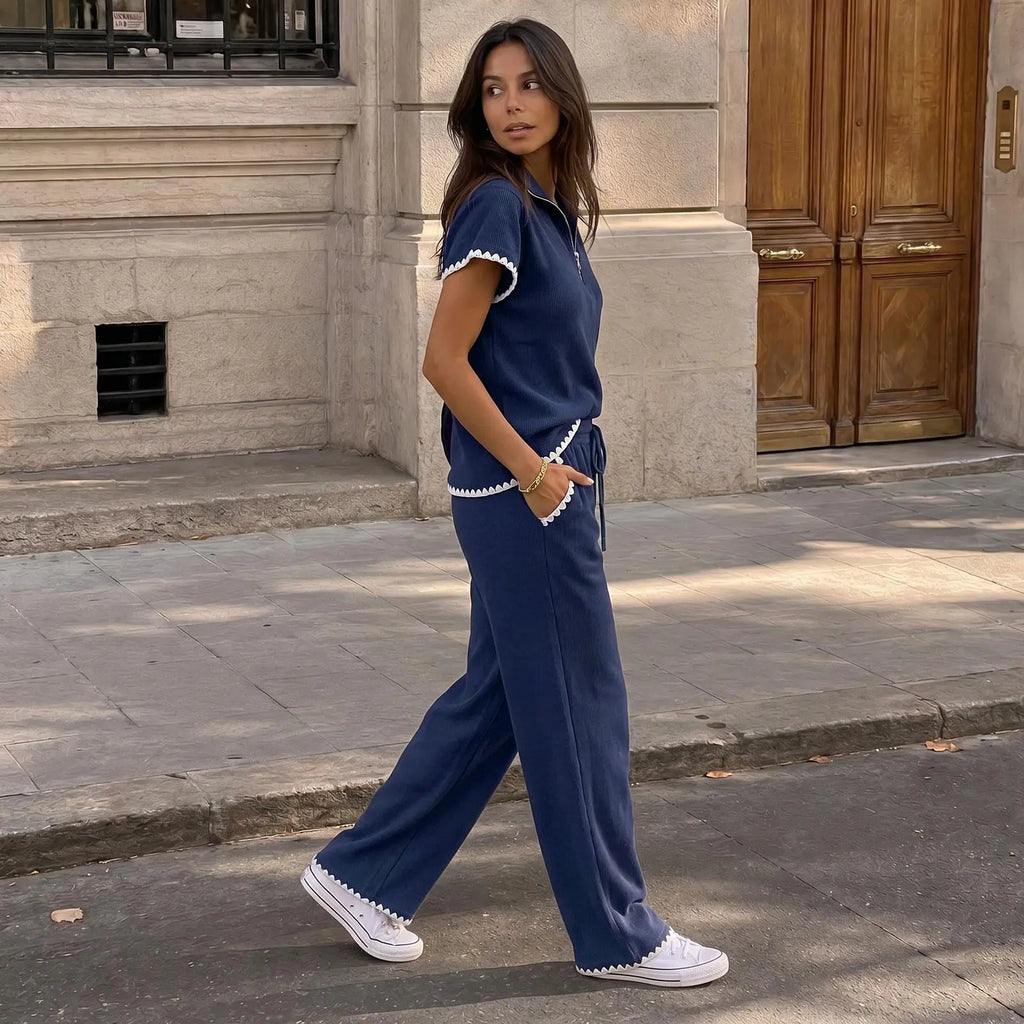 Imily Bela Scalloped Trim Waffle Knit Two Piece Set Women Half‑Zip Top & Wide Leg Pants Casual Lounge Outfit