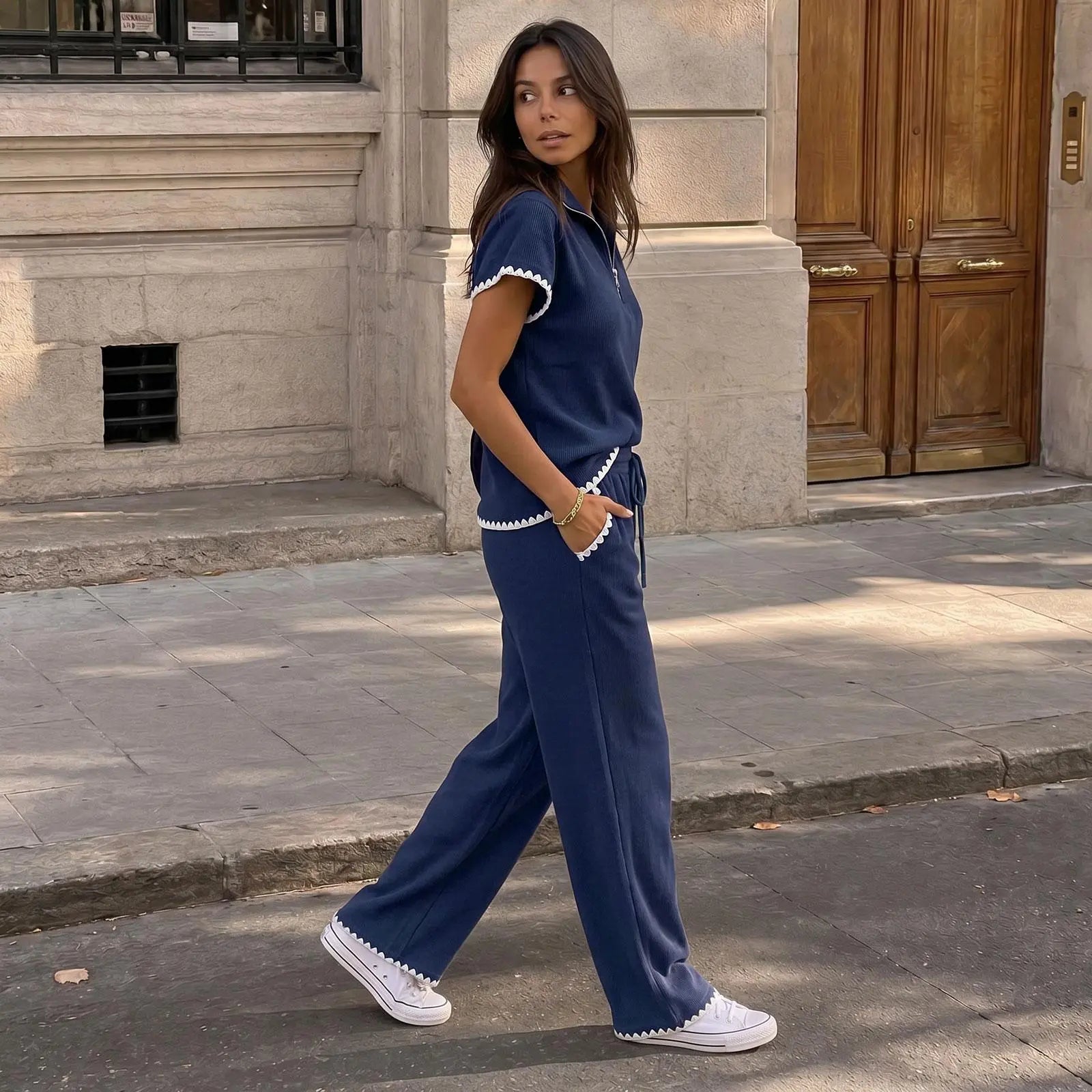 Imily Bela Scalloped Trim Waffle Knit Two Piece Set Women Half‑Zip Top & Wide Leg Pants Casual Lounge Outfit
