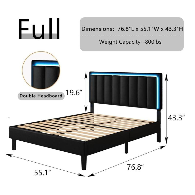 HOMBCK Led Bed Frame, No Mattress, Soft Modern Bed Frame with Luxury Leather Headboard, APP Adiust the Light, No Box Spring Needed
