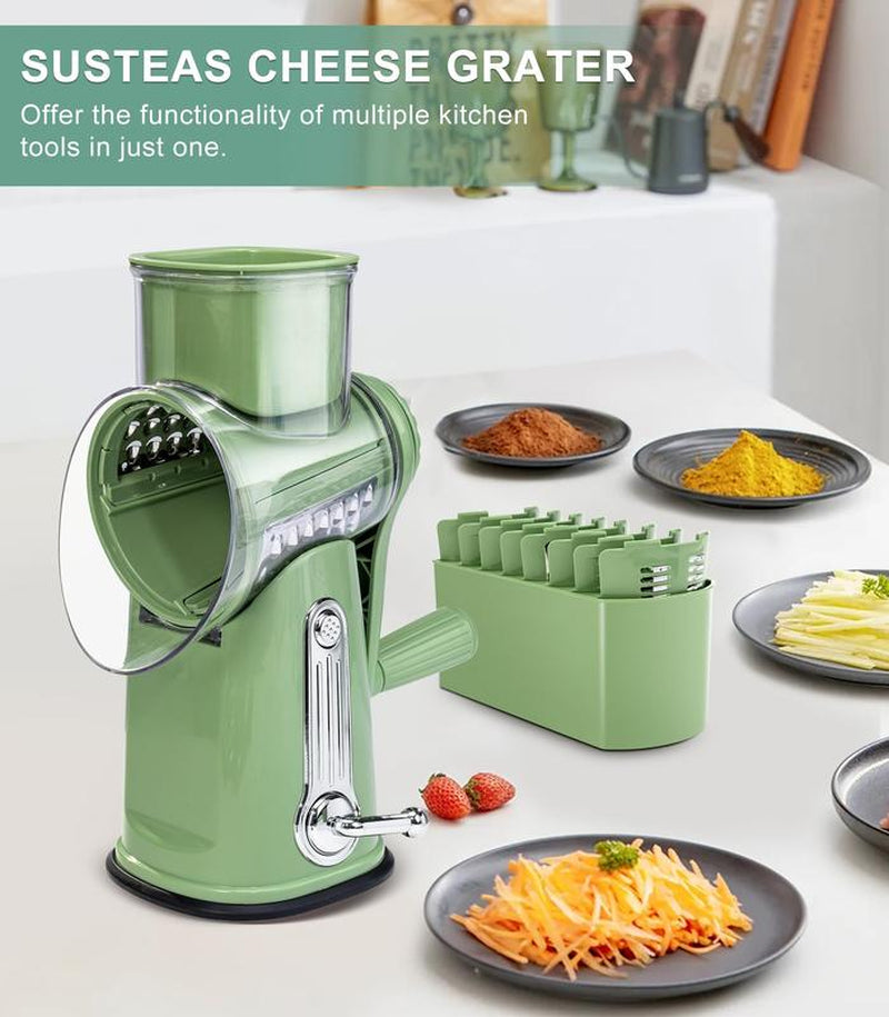 SUSTEAS Rotary Cheese Grater with Handle, 5 Designed Blades and Strong Suction Cup Base, Mandoline Slicing Kitchen Utensil Retro Green Food Cooking Vegetable Slicer Dicer