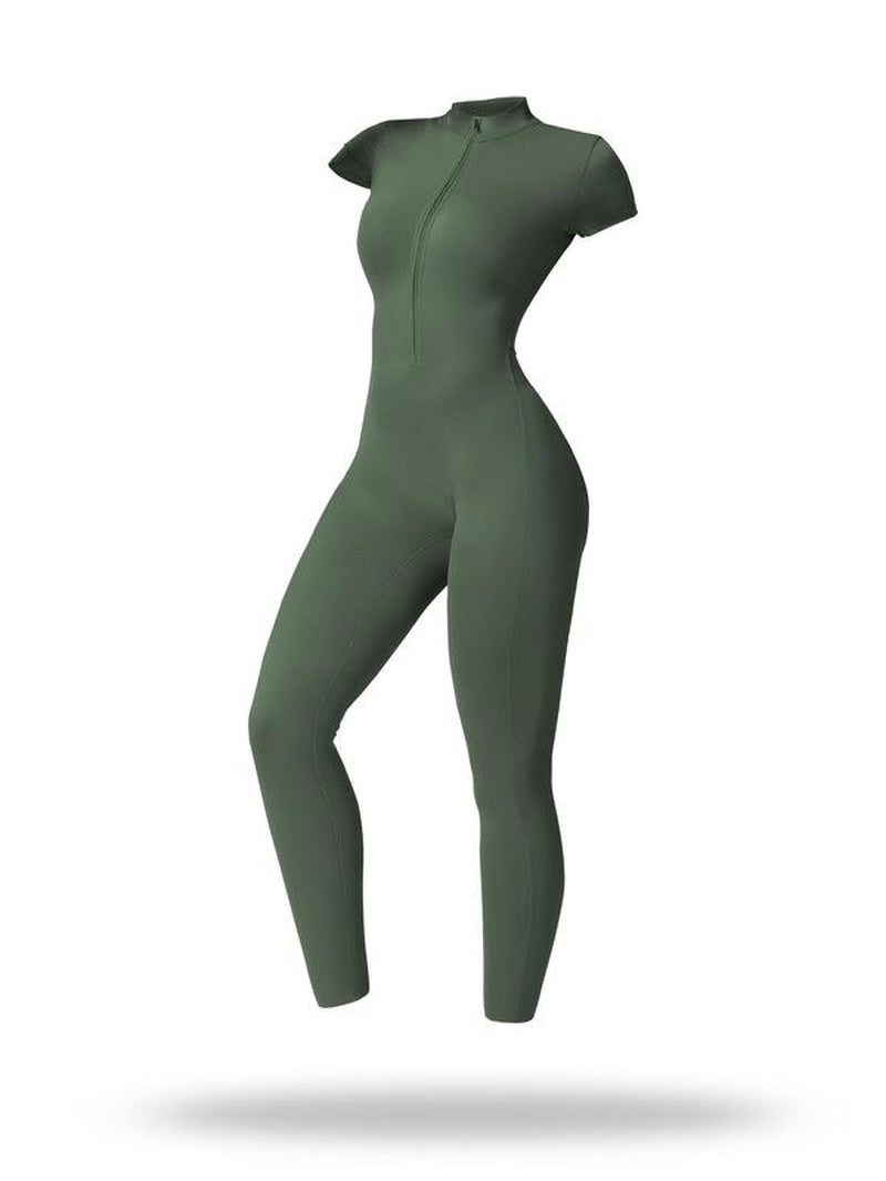 Women'S Solid Short Sleeve Half Zip Sports Jumpsuit, Sporty Stand Collar Skinny Jumpsuit for Yoga Gym Workout, Ladies Sportswear for All Seasons, Workout Gym Clothing, Sporty Comfy Jumpsuit