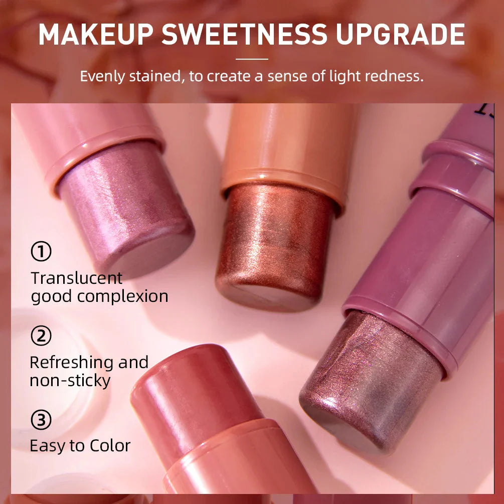 3-In-1 Cheek Blush Stick Lip Tinted Eyes Cheek Lips Brighten Cream Water-Resistant Moisturizing Face Contouring Shadow Blusher