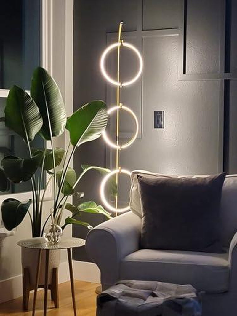 Brightech Nova Modern Floor Lamp Matches Living Room Décor - Contemporary Arc Tall Lamp with 3-Circle Ring-Style Pendant - over the Couch Standing on Arching Pole