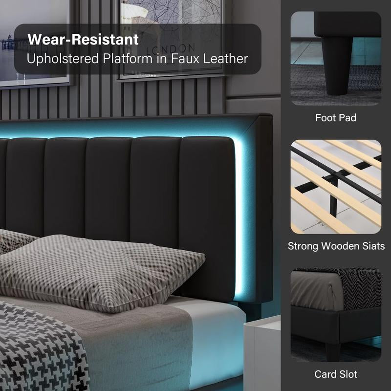 HOMBCK Led Bed Frame, No Mattress, Soft Modern Bed Frame with Luxury Leather Headboard, APP Adiust the Light, No Box Spring Needed