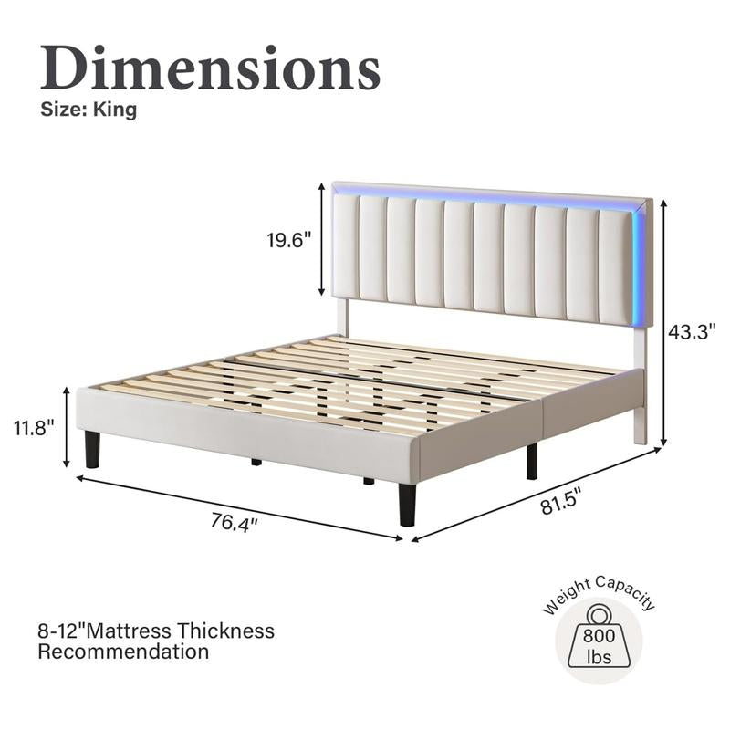 HOMBCK Led Bed Frame, No Mattress, Soft Modern Bed Frame with Luxury Leather Headboard, APP Adiust the Light, No Box Spring Needed