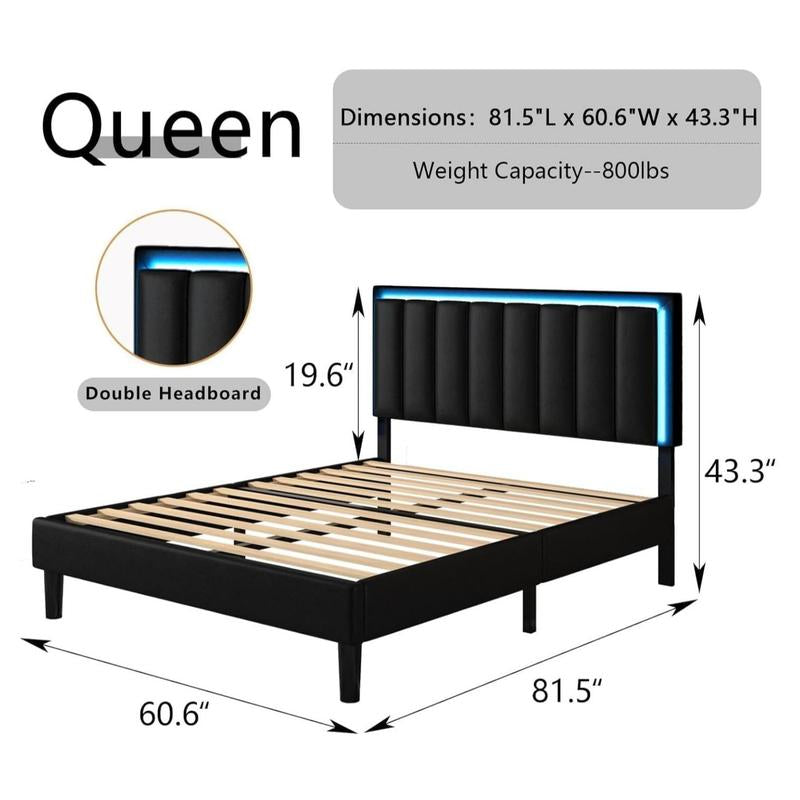 HOMBCK Led Bed Frame, No Mattress, Soft Modern Bed Frame with Luxury Leather Headboard, APP Adiust the Light, No Box Spring Needed