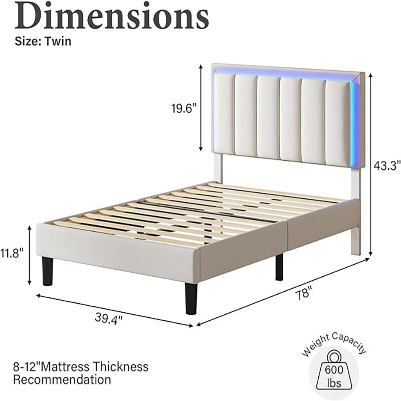HOMBCK Led Bed Frame, No Mattress, Soft Modern Bed Frame with Luxury Leather Headboard, APP Adiust the Light, No Box Spring Needed