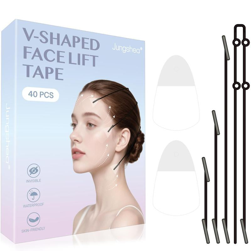 Jungshea V-Shape Face Lift Tape - 40 Tapes + 4 Straps | Silicone Invisible Face & Neck Lift | Water Proof, Adjustable & Reusable | Temporary Instant Lift, under Makeup, Daily Use, Photos & Events, Max 6-Hour Wear