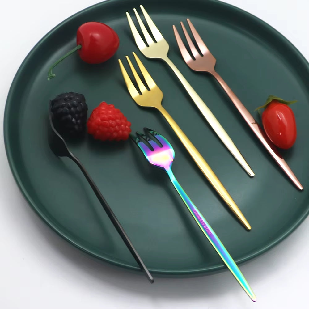 6/30P Red Gold Cutlery Set Tableware Set Dinnerware Fruit Cake Fork Stainless Steel Flatware Set Dessert Fork Kitchen Set