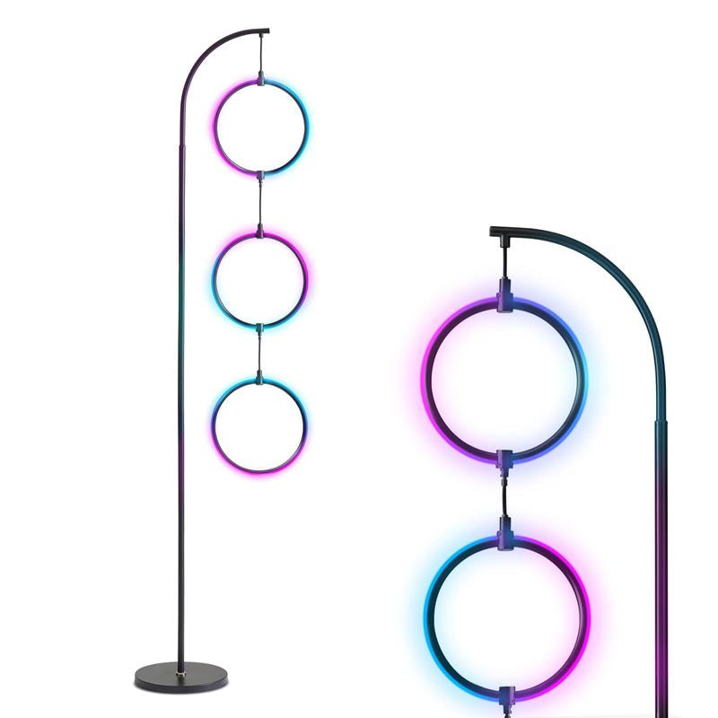 Brightech Nova Modern Floor Lamp Matches Living Room Décor - Contemporary Arc Tall Lamp with 3-Circle Ring-Style Pendant - over the Couch Standing on Arching Pole