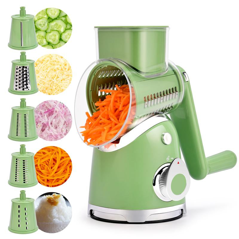 SUSTEAS Rotary Cheese Grater with Handle, 5 Designed Blades and Strong Suction Cup Base, Mandoline Slicing Kitchen Utensil Retro Green Food Cooking Vegetable Slicer Dicer