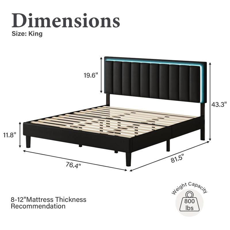 HOMBCK Led Bed Frame, No Mattress, Soft Modern Bed Frame with Luxury Leather Headboard, APP Adiust the Light, No Box Spring Needed