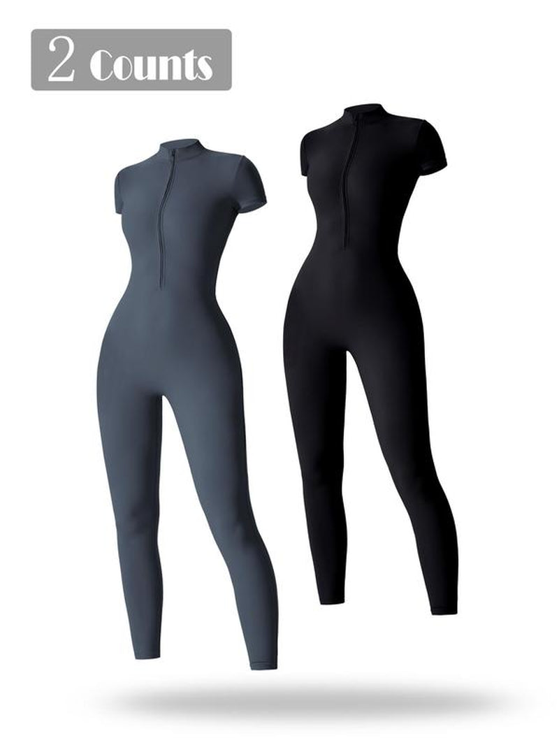 Women'S Solid Short Sleeve Half Zip Sports Jumpsuit, Sporty Stand Collar Skinny Jumpsuit for Yoga Gym Workout, Ladies Sportswear for All Seasons, Workout Gym Clothing, Sporty Comfy Jumpsuit