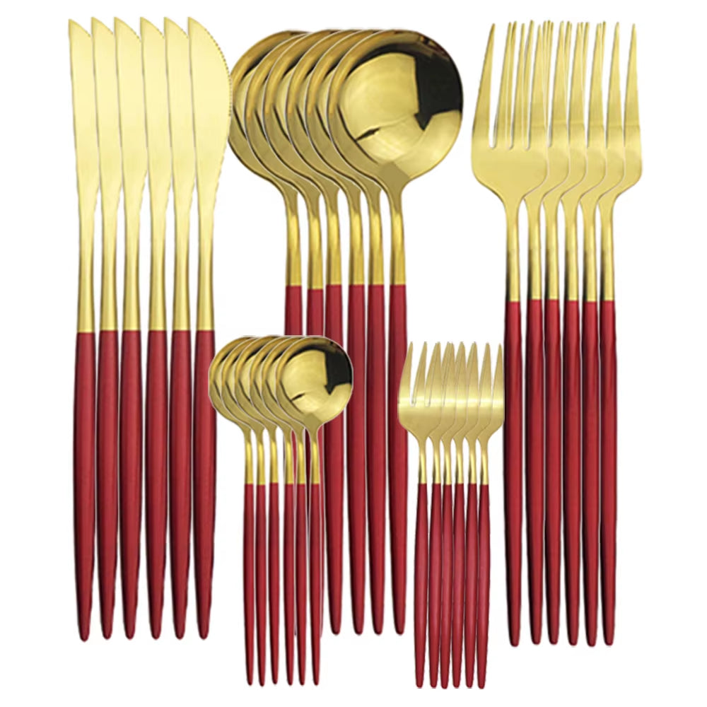 6/30P Red Gold Cutlery Set Tableware Set Dinnerware Fruit Cake Fork Stainless Steel Flatware Set Dessert Fork Kitchen Set