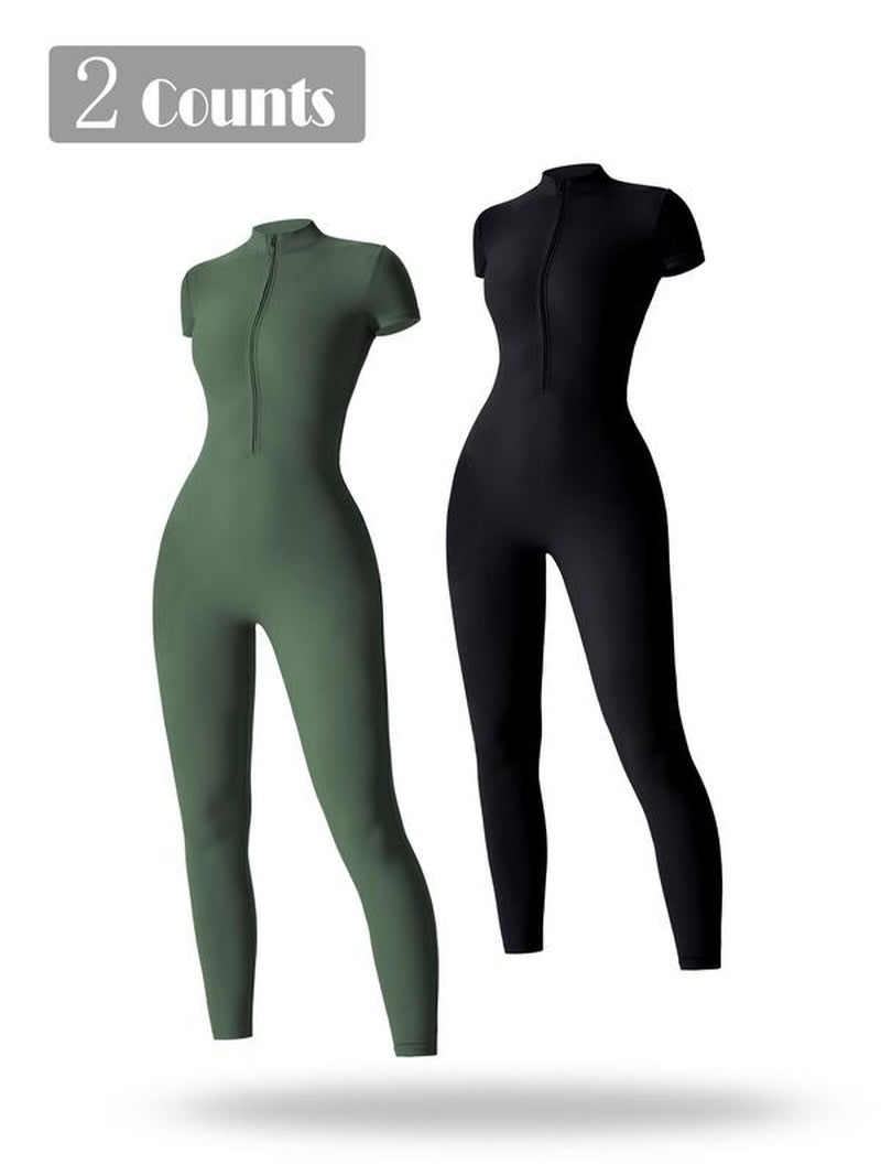 Women'S Solid Short Sleeve Half Zip Sports Jumpsuit, Sporty Stand Collar Skinny Jumpsuit for Yoga Gym Workout, Ladies Sportswear for All Seasons, Workout Gym Clothing, Sporty Comfy Jumpsuit
