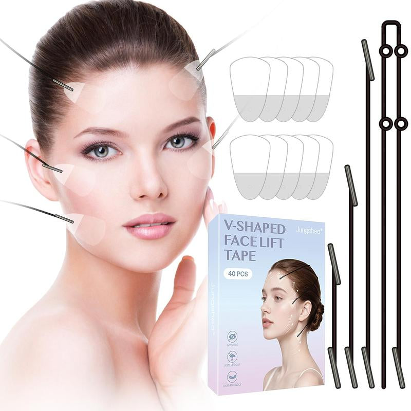 Jungshea V-Shape Face Lift Tape - 40 Tapes + 4 Straps | Silicone Invisible Face & Neck Lift | Water Proof, Adjustable & Reusable | Temporary Instant Lift, under Makeup, Daily Use, Photos & Events, Max 6-Hour Wear