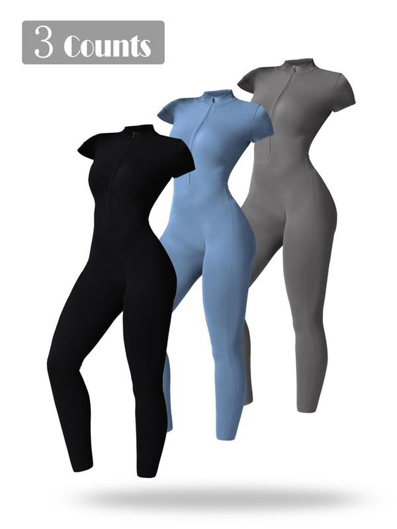 Women'S Solid Short Sleeve Half Zip Sports Jumpsuit, Sporty Stand Collar Skinny Jumpsuit for Yoga Gym Workout, Ladies Sportswear for All Seasons, Workout Gym Clothing, Sporty Comfy Jumpsuit