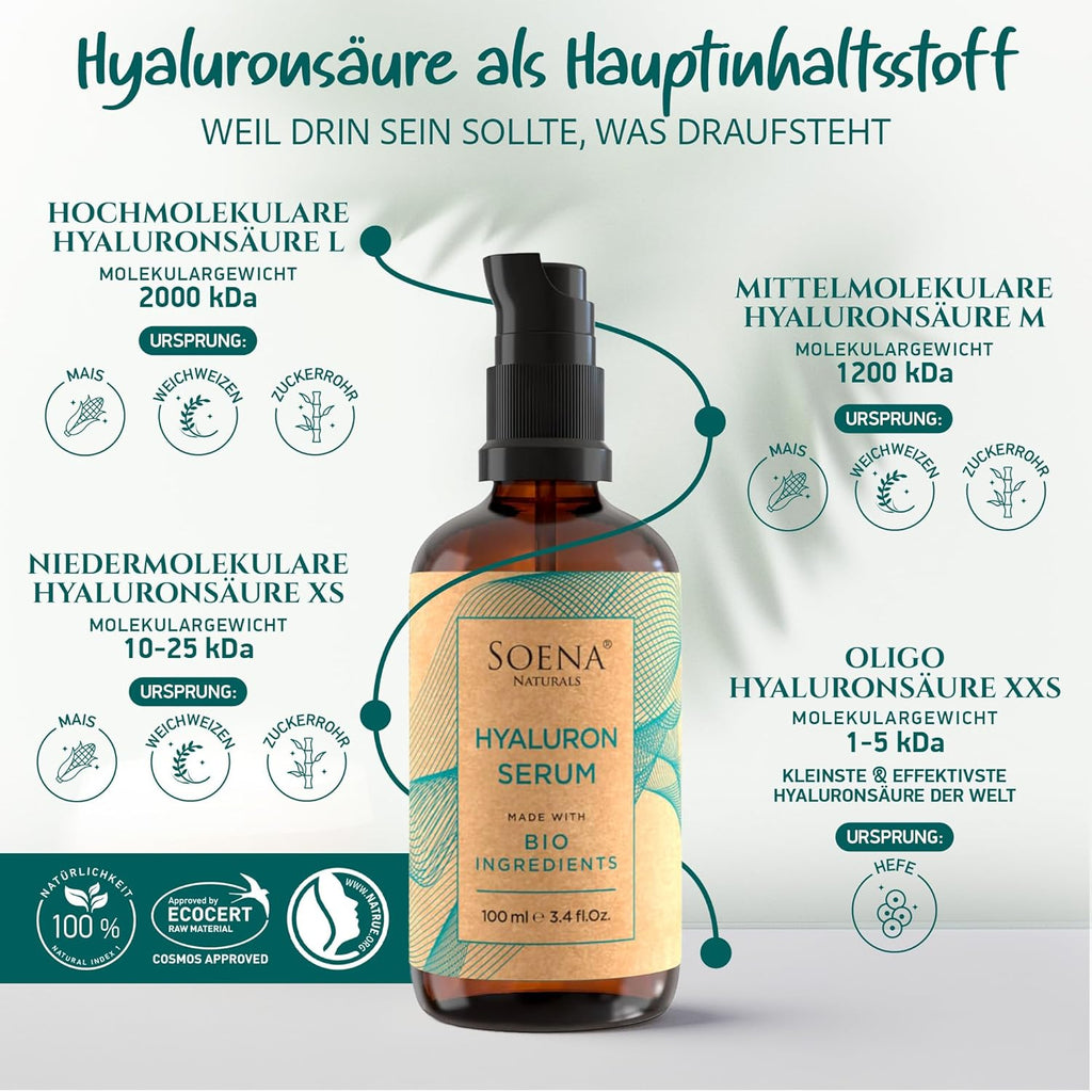 Bio Hyaluron Serum Hochdosiert - Beste Hyaluronsäure (Oligo) - 8-Fach Anti-Falten-Komplex- Mit 4 Hyalurongrößen - Frei Von Alkohol & Parfüm 100Ml - Hyaluronsäure Serum Made in Germany.