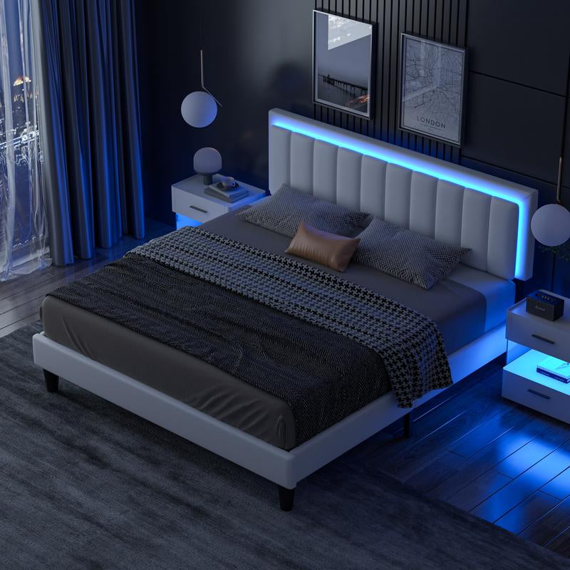 HOMBCK Led Bed Frame, No Mattress, Soft Modern Bed Frame with Luxury Leather Headboard, APP Adiust the Light, No Box Spring Needed