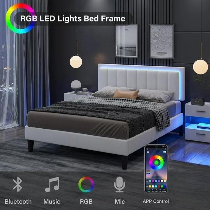HOMBCK Led Bed Frame, No Mattress, Soft Modern Bed Frame with Luxury Leather Headboard, APP Adiust the Light, No Box Spring Needed