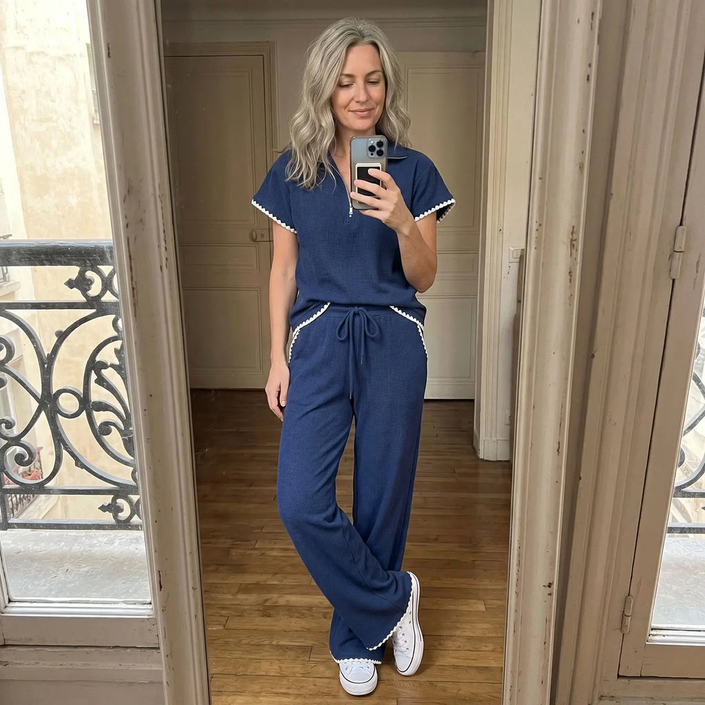 Imily Bela Scalloped Trim Waffle Knit Two Piece Set Women Half‑Zip Top & Wide Leg Pants Casual Lounge Outfit
