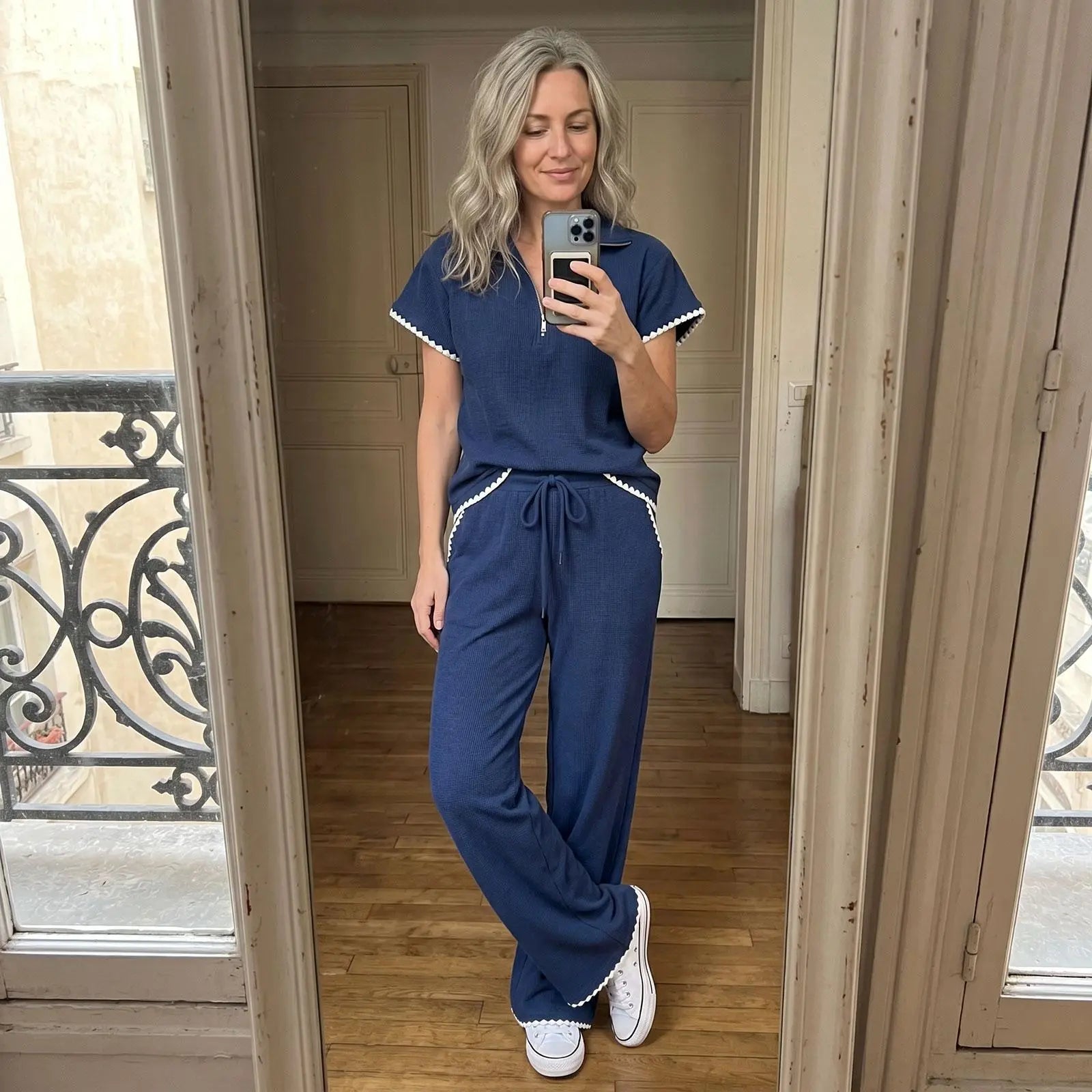 Imily Bela Scalloped Trim Waffle Knit Two Piece Set Women Half‑Zip Top & Wide Leg Pants Casual Lounge Outfit