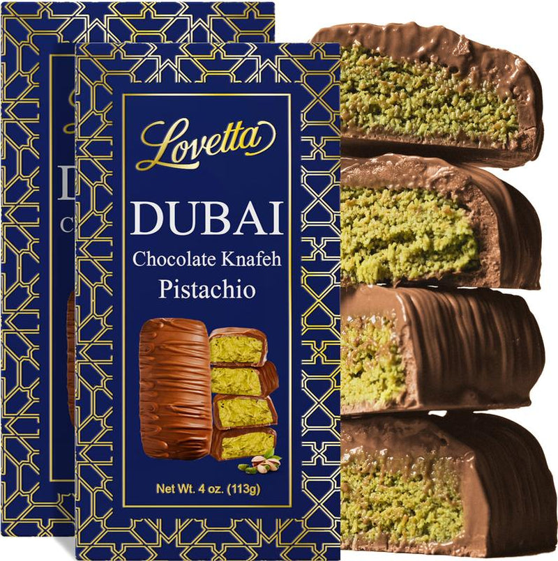 Lovetta Dubai Chocolate Pistachio Knafeh 4Oz 1 Bar Dessert Snack Rich Belgian Milk Chocolate with Fresh Pistachio Paste Cream