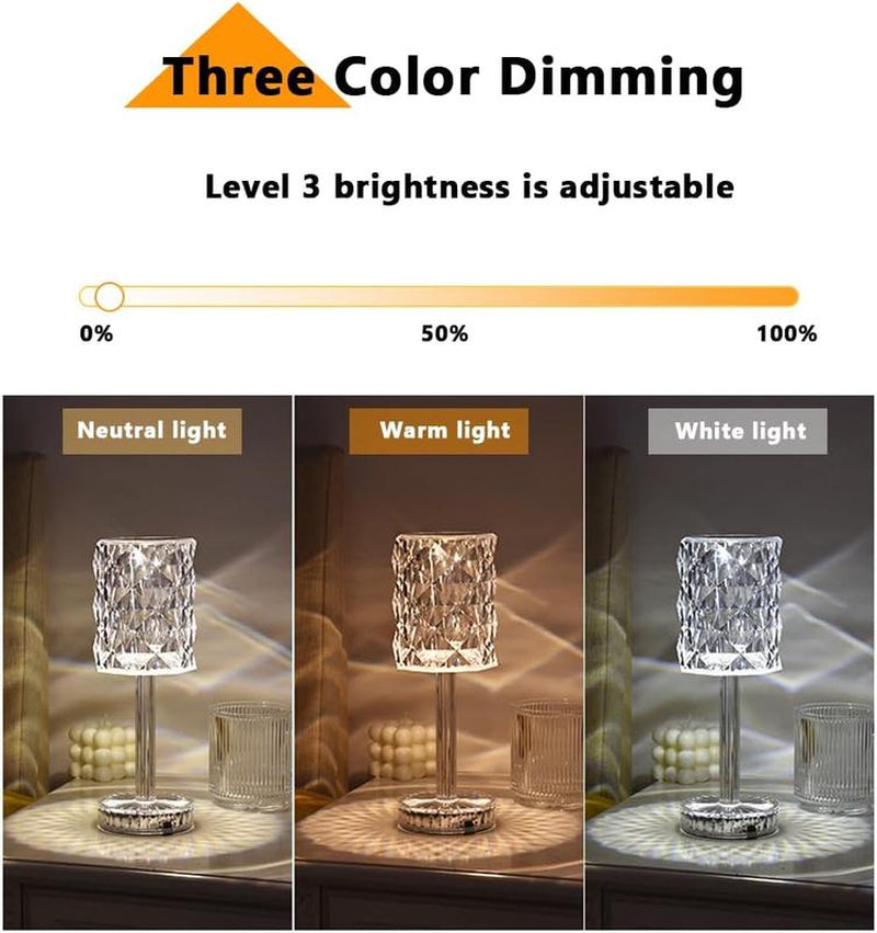 Portable Crystal Table Lamp,Acrylic Cordless LED Desk Lamp with Touch Control, 3 Color Touch Control Rechargeable Lamp, Night Light, Bedside Lamp,Dining Room Lamp
