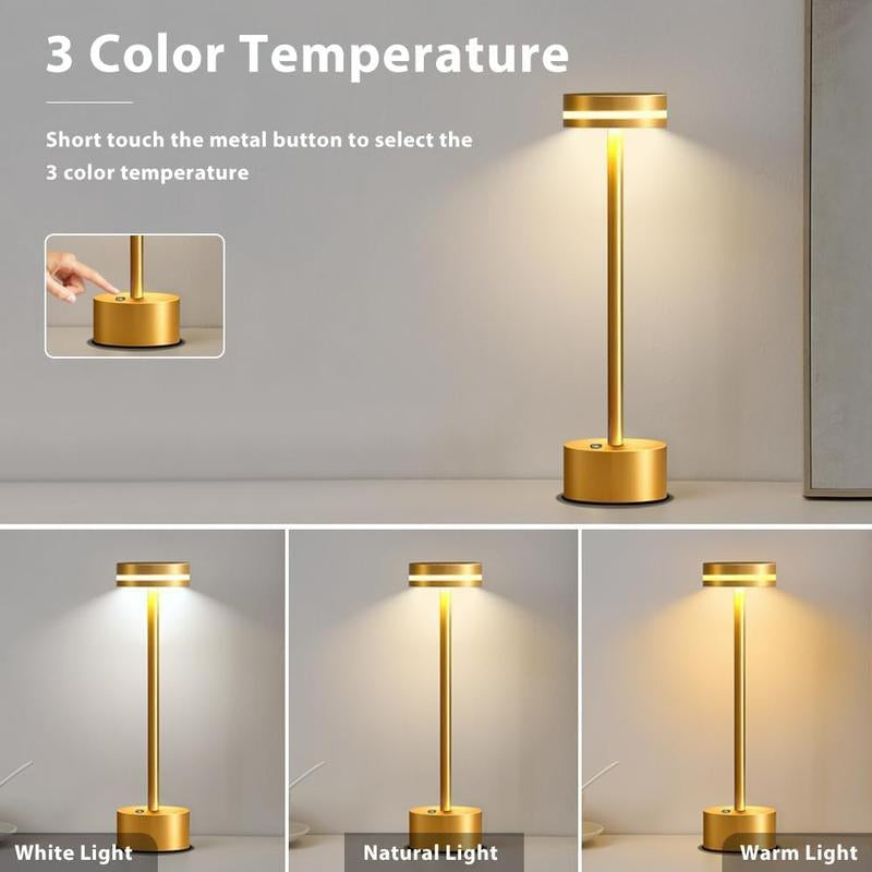 Cordless Metal Desk Lamp,Portable LED Table Lamp with Touch Sensor,3 Color Rechargeable Lamp,3-Levels Brightness Lamp,Night Light for Kids Nursery,Bedside Lamp,Dining Room Lamp