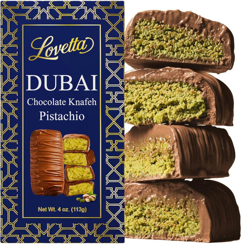 Lovetta Dubai Chocolate Pistachio Knafeh 4Oz 1 Bar Dessert Snack Rich Belgian Milk Chocolate with Fresh Pistachio Paste Cream