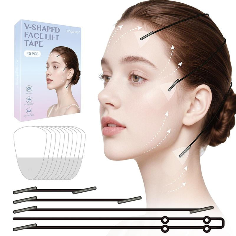Jungshea V-Shape Face Lift Tape - 40 Tapes + 4 Straps | Silicone Invisible Face & Neck Lift | Water Proof, Adjustable & Reusable | Temporary Instant Lift, under Makeup, Daily Use, Photos & Events, Max 6-Hour Wear