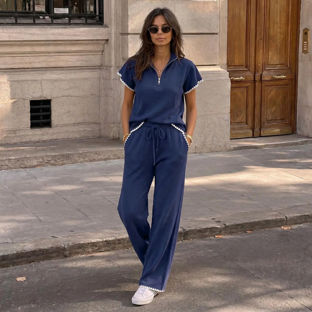 Imily Bela Scalloped Trim Waffle Knit Two Piece Set Women Half‑Zip Top & Wide Leg Pants Casual Lounge Outfit
