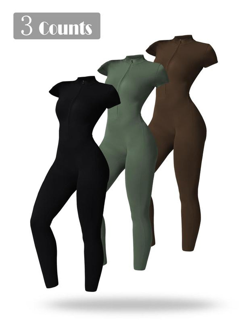 Women'S Solid Short Sleeve Half Zip Sports Jumpsuit, Sporty Stand Collar Skinny Jumpsuit for Yoga Gym Workout, Ladies Sportswear for All Seasons, Workout Gym Clothing, Sporty Comfy Jumpsuit