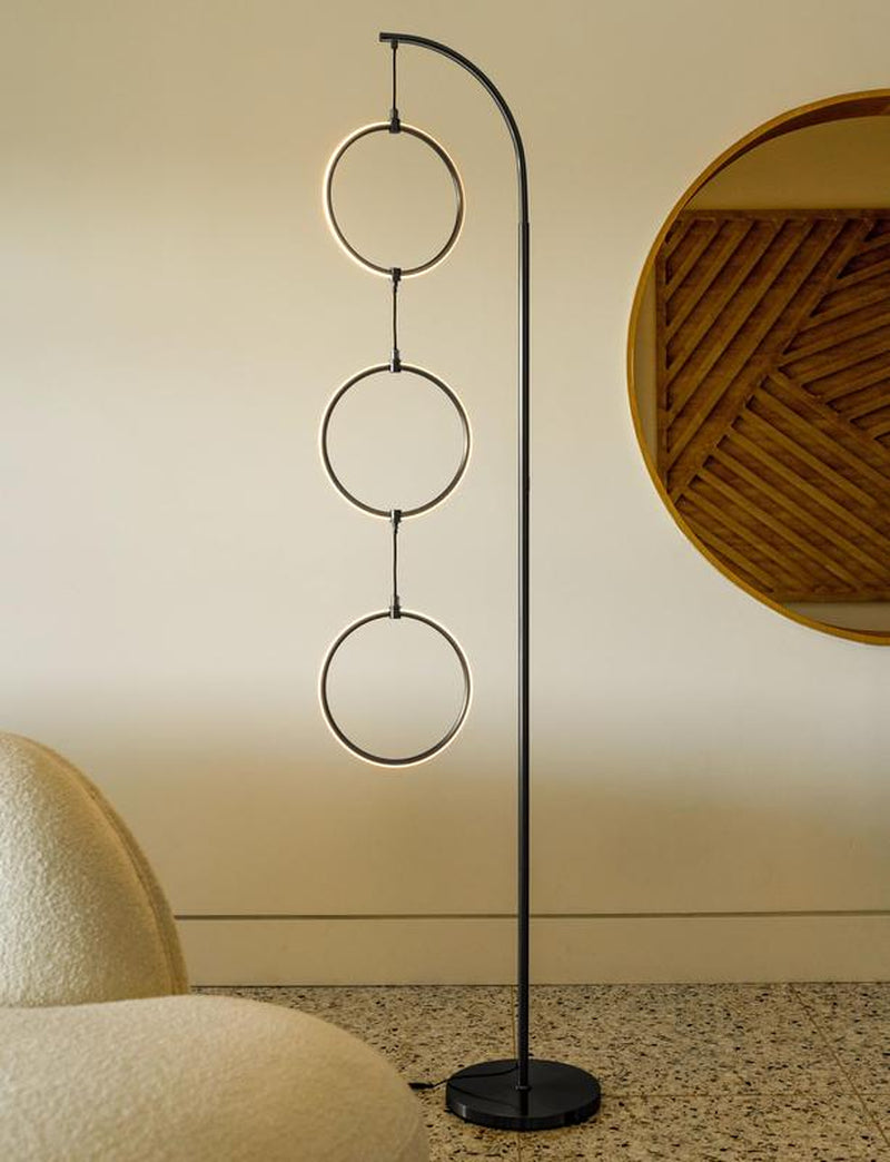Brightech Nova Modern Floor Lamp Matches Living Room Décor - Contemporary Arc Tall Lamp with 3-Circle Ring-Style Pendant - over the Couch Standing on Arching Pole