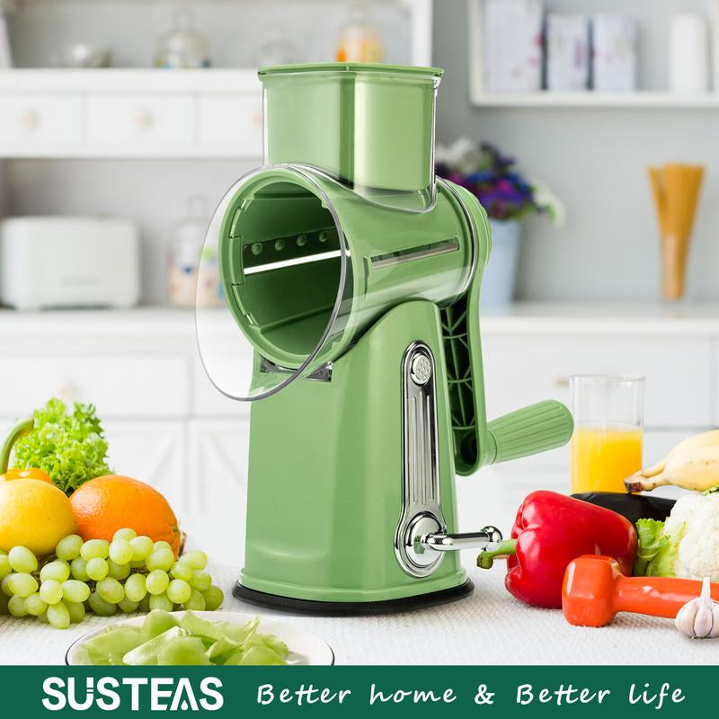 SUSTEAS Rotary Cheese Grater with Handle, 5 Designed Blades and Strong Suction Cup Base, Mandoline Slicing Kitchen Utensil Retro Green Food Cooking Vegetable Slicer Dicer