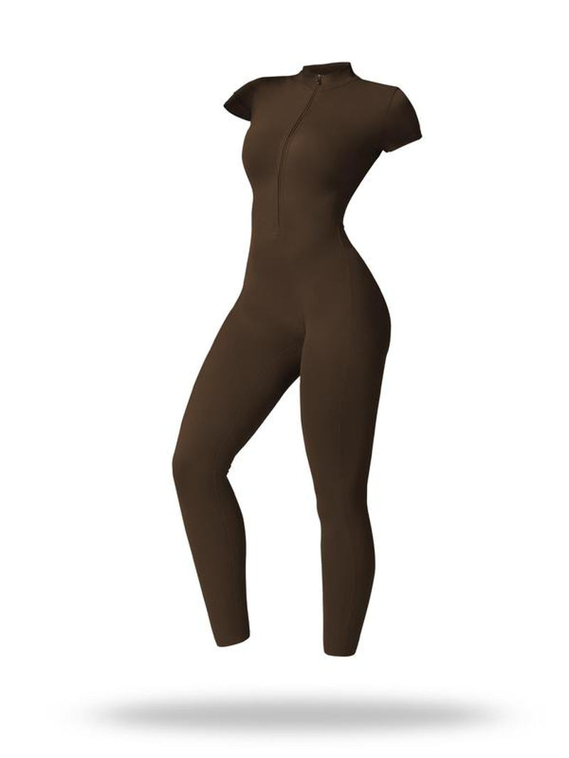 Women'S Solid Short Sleeve Half Zip Sports Jumpsuit, Sporty Stand Collar Skinny Jumpsuit for Yoga Gym Workout, Ladies Sportswear for All Seasons, Workout Gym Clothing, Sporty Comfy Jumpsuit