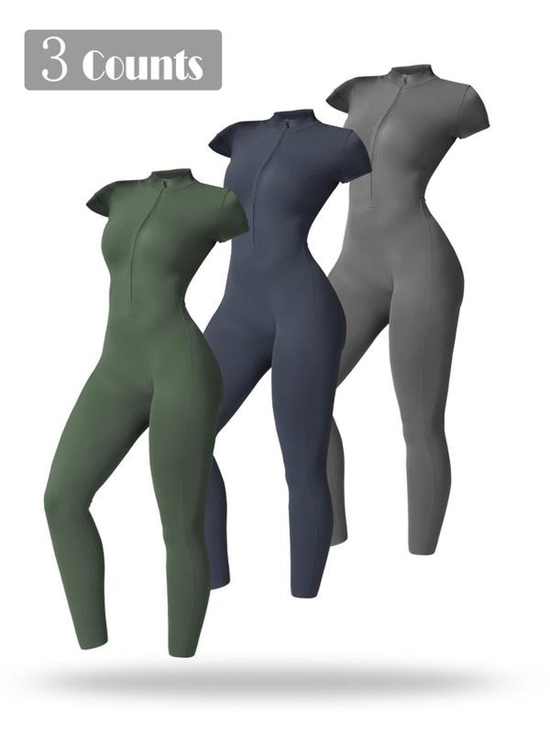 Women'S Solid Short Sleeve Half Zip Sports Jumpsuit, Sporty Stand Collar Skinny Jumpsuit for Yoga Gym Workout, Ladies Sportswear for All Seasons, Workout Gym Clothing, Sporty Comfy Jumpsuit