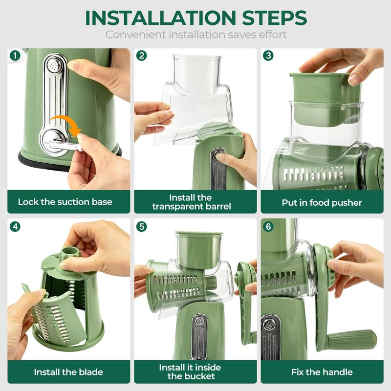 SUSTEAS Rotary Cheese Grater with Handle, 5 Designed Blades and Strong Suction Cup Base, Mandoline Slicing Kitchen Utensil Retro Green Food Cooking Vegetable Slicer Dicer