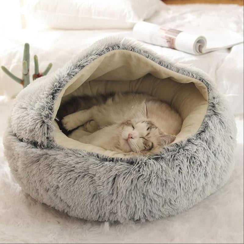 Fluffy Warm Cat Bed, Semi-Enclosed Velvet Pet Bed, Winter Cat Nest, Pet Supplies