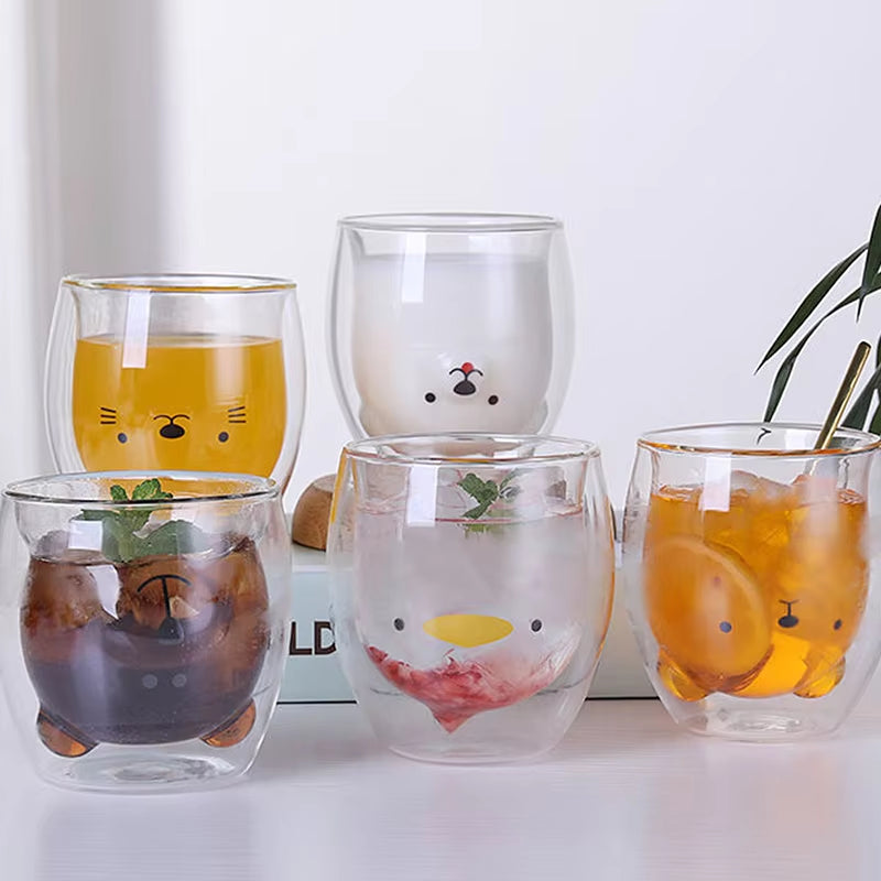 Creative Cute Bear Double-Layer Coffee Mug Double Glass Cup Carton Animal Milk Glass Lady Cute Cat Duck Dog Gift Christmas Gift
