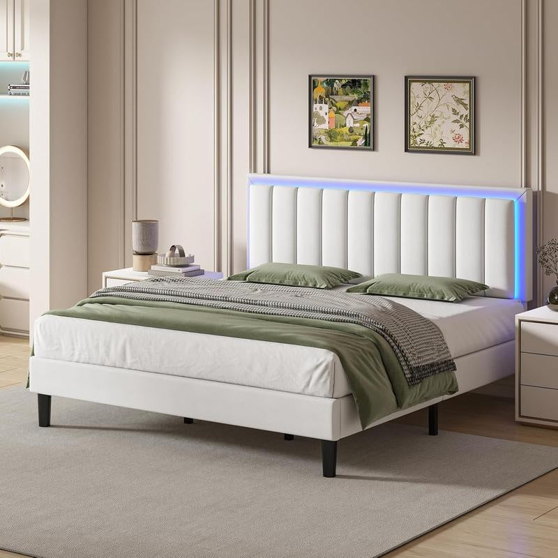 HOMBCK Led Bed Frame, No Mattress, Soft Modern Bed Frame with Luxury Leather Headboard, APP Adiust the Light, No Box Spring Needed