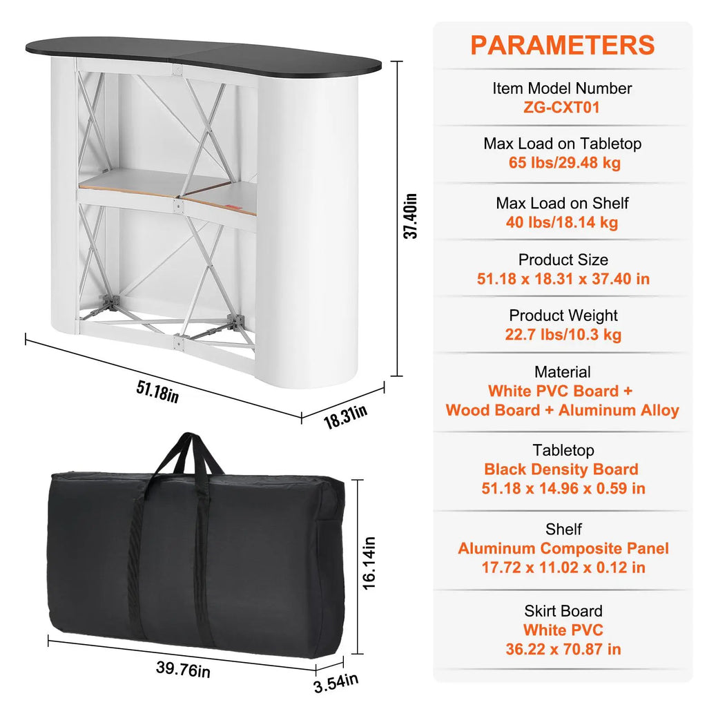 【Fathersdaygift】Vevor Portable Tradeshow Podium Table, 51.18" X 18.31" X 37.4", Display Exhibition Counter Stand Booth Fair with Wall, Foldable Promotion Retail Bar Table Pop up Podium with Storage Rack, Carrying Bag