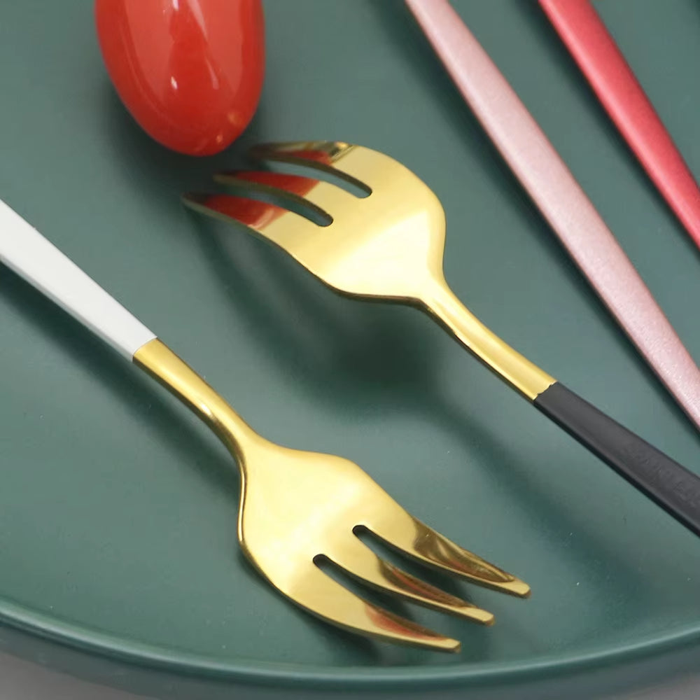 6/30P Red Gold Cutlery Set Tableware Set Dinnerware Fruit Cake Fork Stainless Steel Flatware Set Dessert Fork Kitchen Set