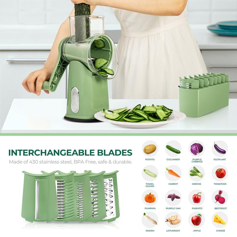 SUSTEAS Rotary Cheese Grater with Handle, 5 Designed Blades and Strong Suction Cup Base, Mandoline Slicing Kitchen Utensil Retro Green Food Cooking Vegetable Slicer Dicer