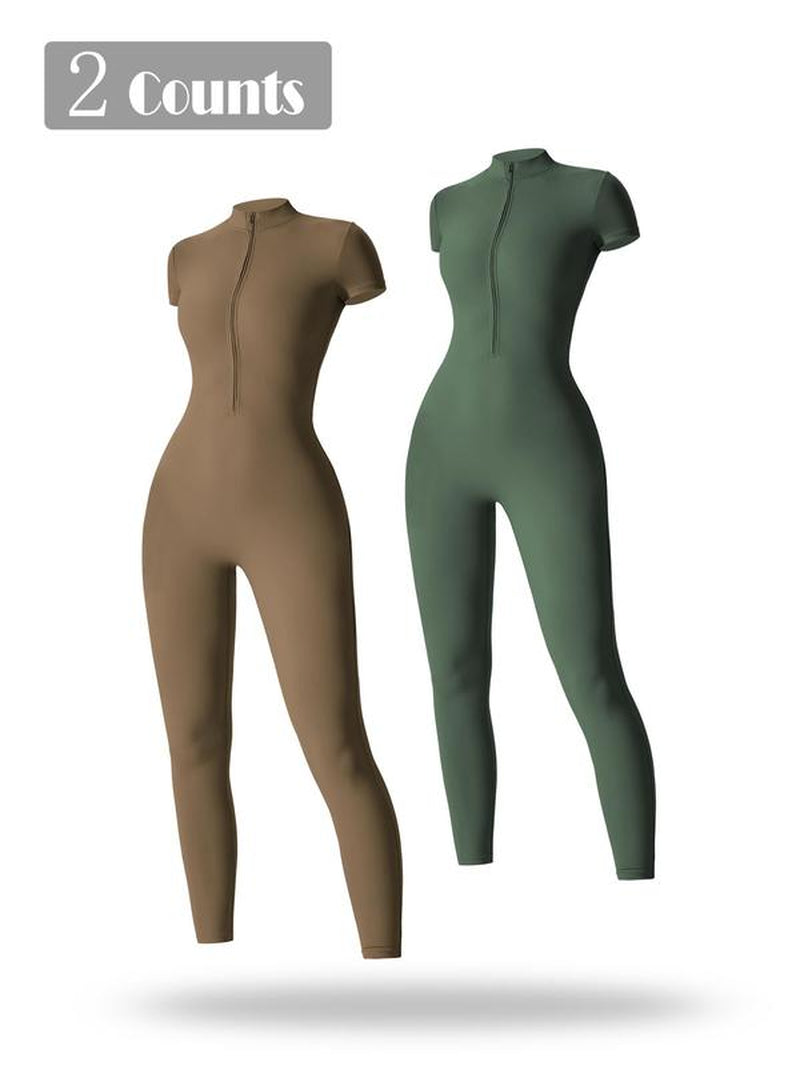 Women'S Solid Short Sleeve Half Zip Sports Jumpsuit, Sporty Stand Collar Skinny Jumpsuit for Yoga Gym Workout, Ladies Sportswear for All Seasons, Workout Gym Clothing, Sporty Comfy Jumpsuit