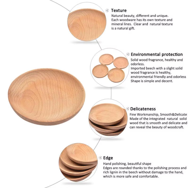 Tray Natural Beech Plates Wooden Tableware Beech Wooden round Plate Handmade Sushi Dish for Snack Dish Fruit Daily Uses #AW
