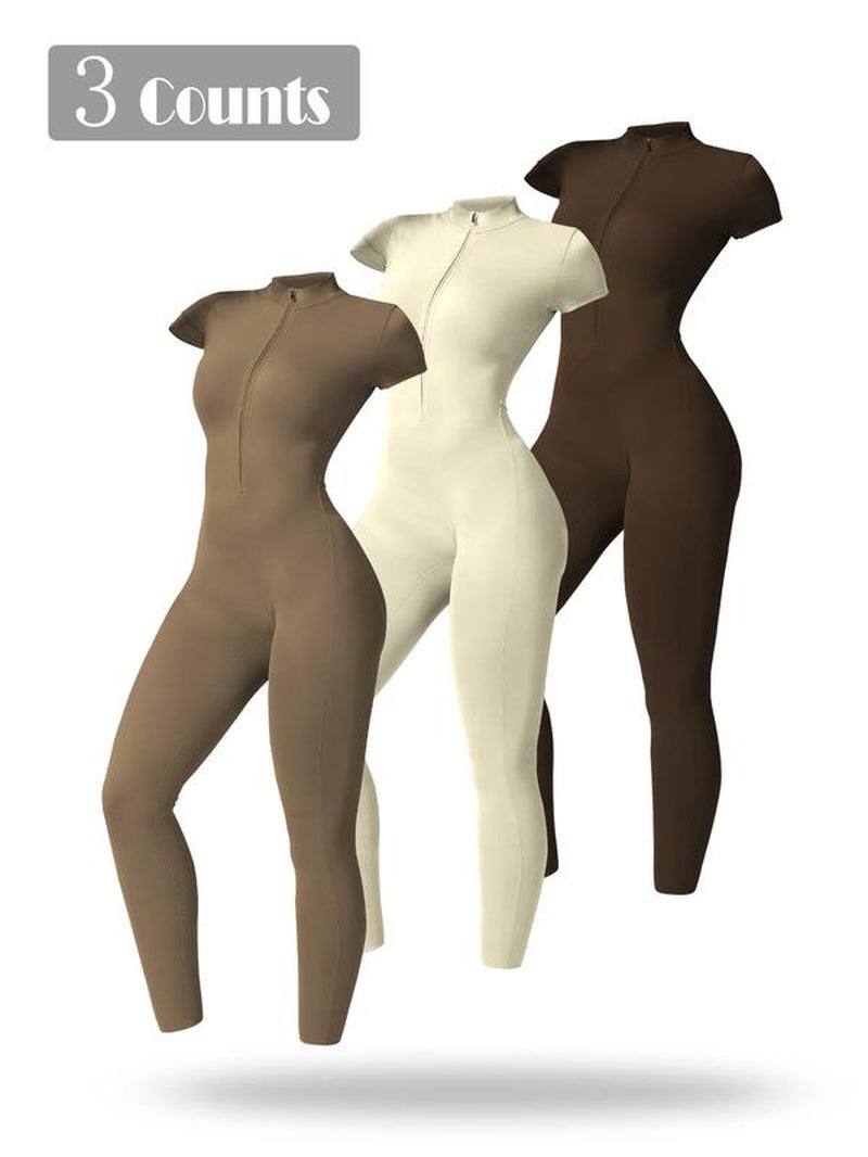 Women'S Solid Short Sleeve Half Zip Sports Jumpsuit, Sporty Stand Collar Skinny Jumpsuit for Yoga Gym Workout, Ladies Sportswear for All Seasons, Workout Gym Clothing, Sporty Comfy Jumpsuit